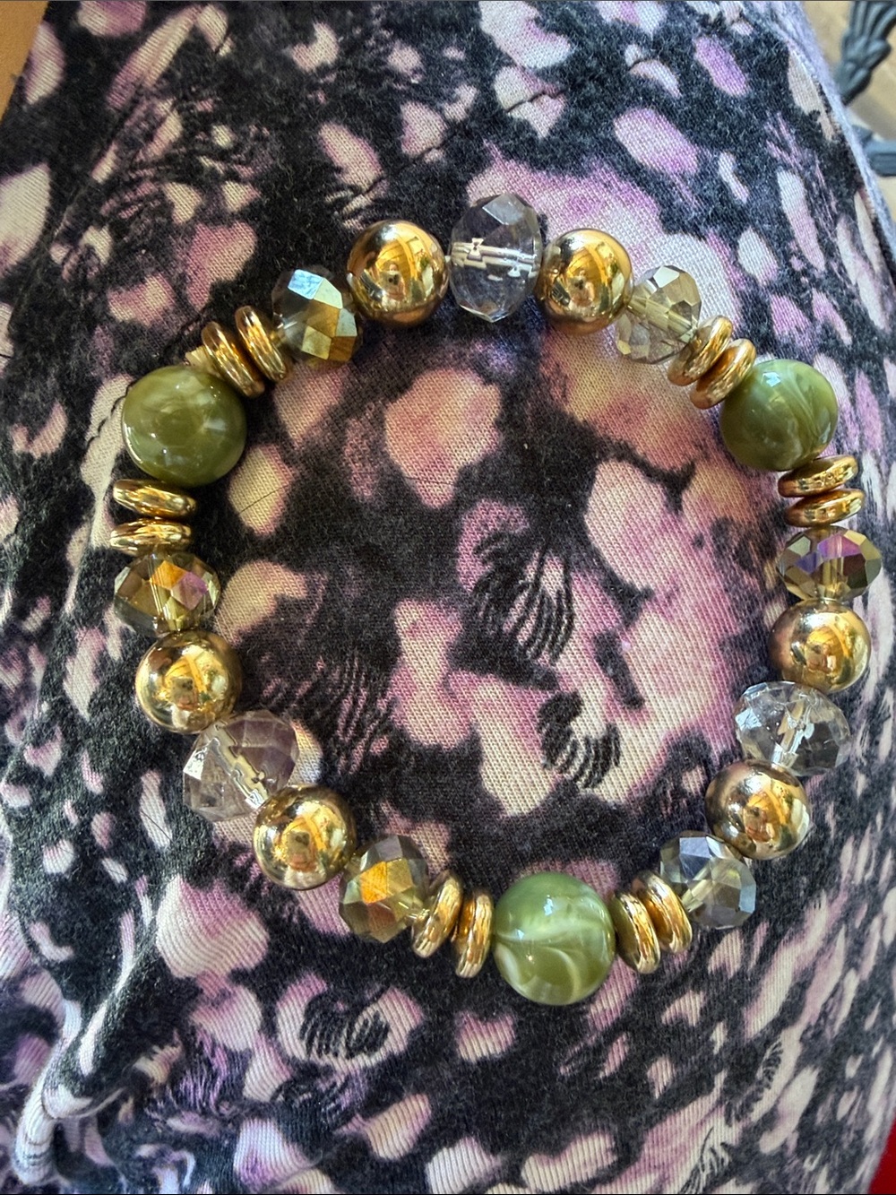 Olive Green and Gold Beaded Stretch Bracelet - Unbranded